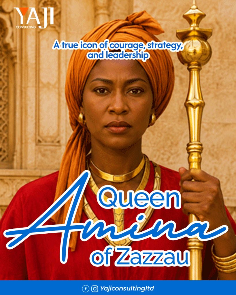 Illustration of Queen Amina of Zazzau, the legendary 16th-century Hausa warrior queen and ruler of the Zazzau Kingdom.